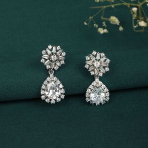Delicate Silver Plated American Diamond Drop Earrings For Women