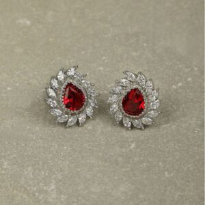 Delicate Silver Plated American Diamond & Ruby Stone Stud Earrings For Women