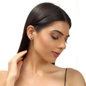 Delicate Silver Plated American Diamond & Ruby Stone Stud Earrings For Women