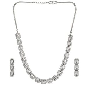 Traditional Delicate Silver Plated American Diamond Studded Handcrafted Choker Necklace Set for Women