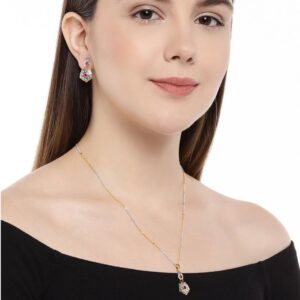Dual Tone Plated Ruby Embellished Filigree Pendant Necklace Set for Women