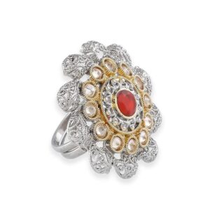 Dual Tone Ruby Studded Floral Finger Ring for Women