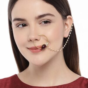 Gold-Toned & Maroon Nose Ring With Chain