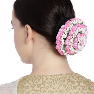 Elegant Elastic Hair Bun Cover with Artificial Pink Roses and Gajra for Women