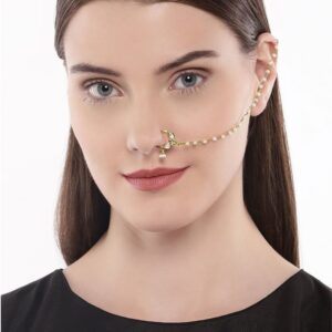 Emerald and Kundan Embellished Nose Ring with Pearl Chain for Women