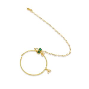 Emerald and Pachi Kundan Studded Nose Ring with Pearl Chain for Women