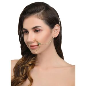 Emerald and Pachi Kundan Studded Nose Ring with Pearl Chain for Women