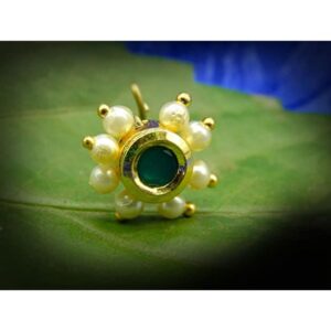 Gold Plated Emerald and Pearl Green Nose Pin for Women and girls (Diameter-1cm)