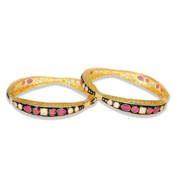 Pink Color Black Enamel Bangles with Ruby and White Stone