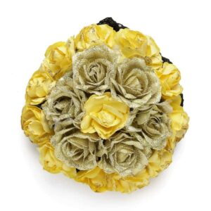 Ethnic Elastic Hair Bun Cover Adorned with Handcrafted Burlap Roses and Artificial Yellow Roses for Women