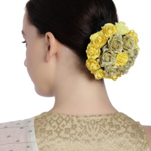 Ethnic Elastic Hair Bun Cover Adorned with Handcrafted Burlap Roses and Artificial Yellow Roses for Women