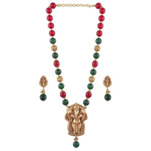Ethnic Ganesha Pendant Ruby and Emerald Beads with Ganesha Pendant Long Necklace Set for Women