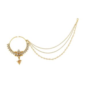 Ethnic Gold Studded Nose Ring with Layered Pearl Chain for Women