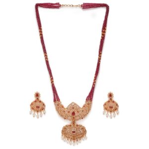 Ethnic Kemp Stones Studded Ruby Beads Long Necklace Set for Women