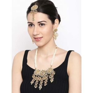 Ethnic Long Kundan Studded Necklace with Earrings and Maang Tikka for Women