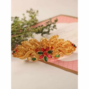 Ethnic Matte Gold Hair Clip with Ruby Green Stones for Women