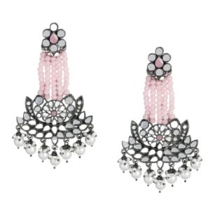 Ethnic Mirror Embellished Pink Tone Oxidised Dangle Earrings for Women