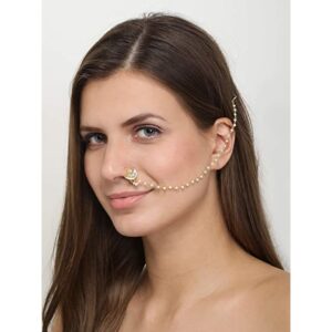 Ethnic Moon Shaped Pachi Kundan Nose Ring with Pearl Chain for Women