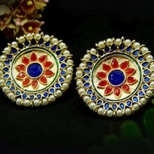 Ethnic Gold Plated Multi-Colour Circular Enamel Oversized Studs Earrings for Women and Girls