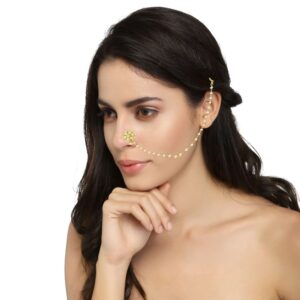 Ethnic Pearl and Kundan Studded Nose Ring with Pearl Chain for Women