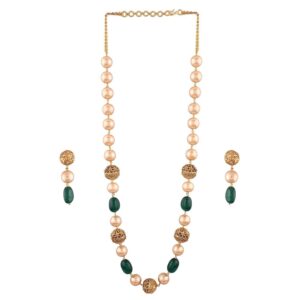 Ethnic Pearl Necklace Set with Emerald and Golden Filigree Beads for Women