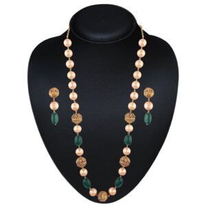 Ethnic Pearl Necklace Set with Emerald and Golden Filigree Beads for Women