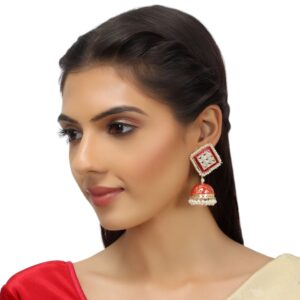 Ethnic Red Meenakari Jhumka/Jhumki Earrings Studded with Kundan and Pearls for Women and Girls