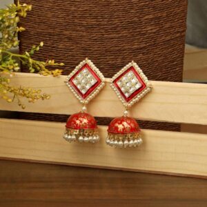 Ethnic Red Meenakari Jhumka/Jhumki Earrings Studded with Kundan and Pearls for Women and Girls