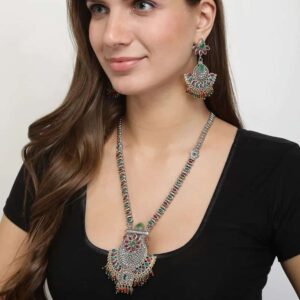 Ethnic Ruby and Emerald Studded Dual Tone Long Necklace Set for Women