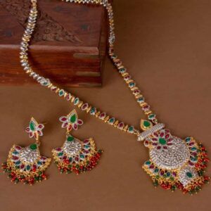 Ethnic Ruby and Emerald Studded Dual Tone Long Necklace Set for Women