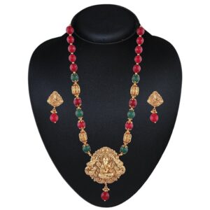 Ethnic Ruby Emerald Beads Long Necklace with Laskhmi Mata Pendant for Women