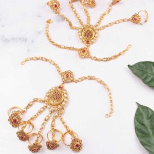 Ethnic Gold Plated Ruby Stones Studded Statement Bridal Bracelet with 5 Rings for Women
