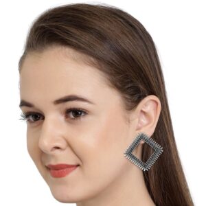 Ethnic Square Shaped Silver Oxidized Earrings for Women