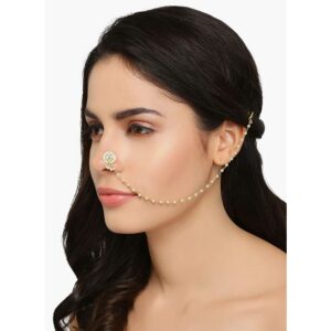 Ethnic Tilak Shaped Jadau Kundan Nose Ring with Pearl Chain for Women