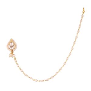 Ethnic Tilak Shaped Jadau Kundan Nose Ring with Pearl Chain for Women