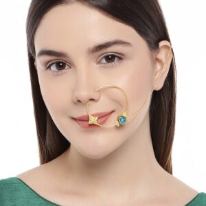 Gold-Toned & Blue Stone Nose Ring With Chain