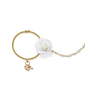 Gold-Plated & White Stone-Studded Pearl Beaded Enameled Chained Nose Ring