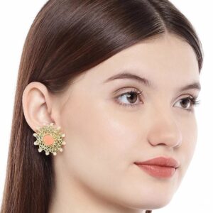 Traditional Gold Plated Filigree Studded Peach Stone Stud Earrings for Women and girls