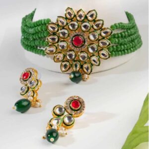 Floral Pendant Kundan and Green Beads Embellished Choker Set for Women