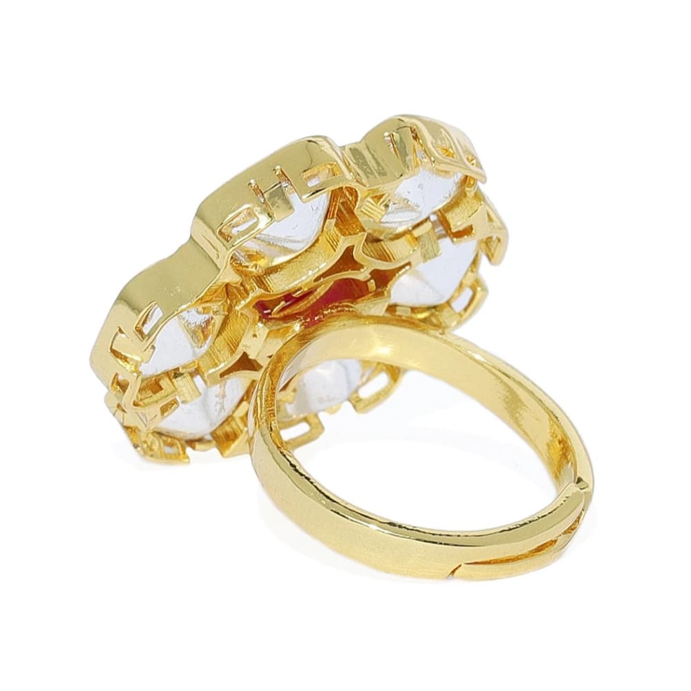 AccessHer Flower Shaped Kempu Stone Finger Ring For Women &