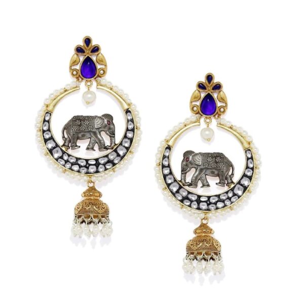 ER1118SP495SM -AccessHer German Silver and gold Chandbali with Elephant motif - access-her