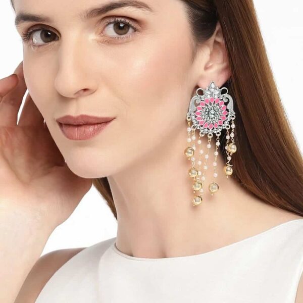 ER1118KJ92209SP -AccessHer two tone German silver dangle earrings with pastel pink meenakari - access-her