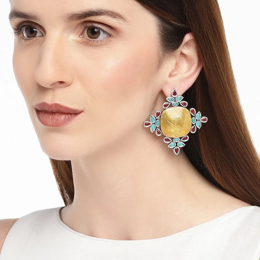 ER1118SP300SM -AccessHer Two  tone german silver Oversized Studs/ Dangle earrings with Turquoise and maroon stones - access-her