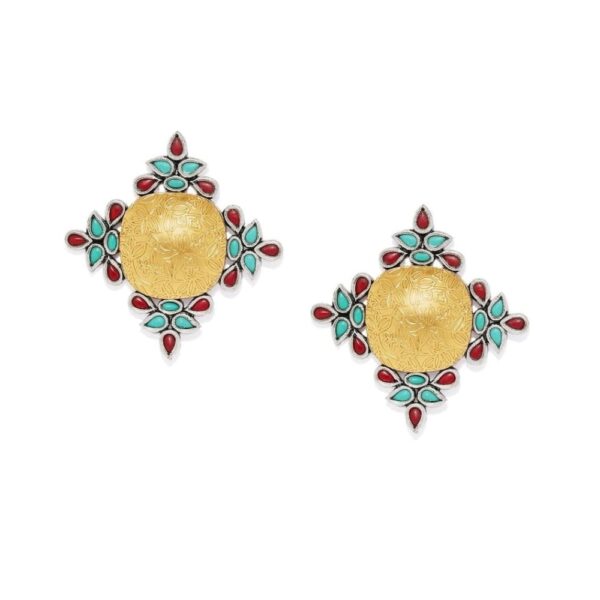 ER1118SP300SM -AccessHer Two  tone german silver Oversized Studs/ Dangle earrings with Turquoise and maroon stones - access-her