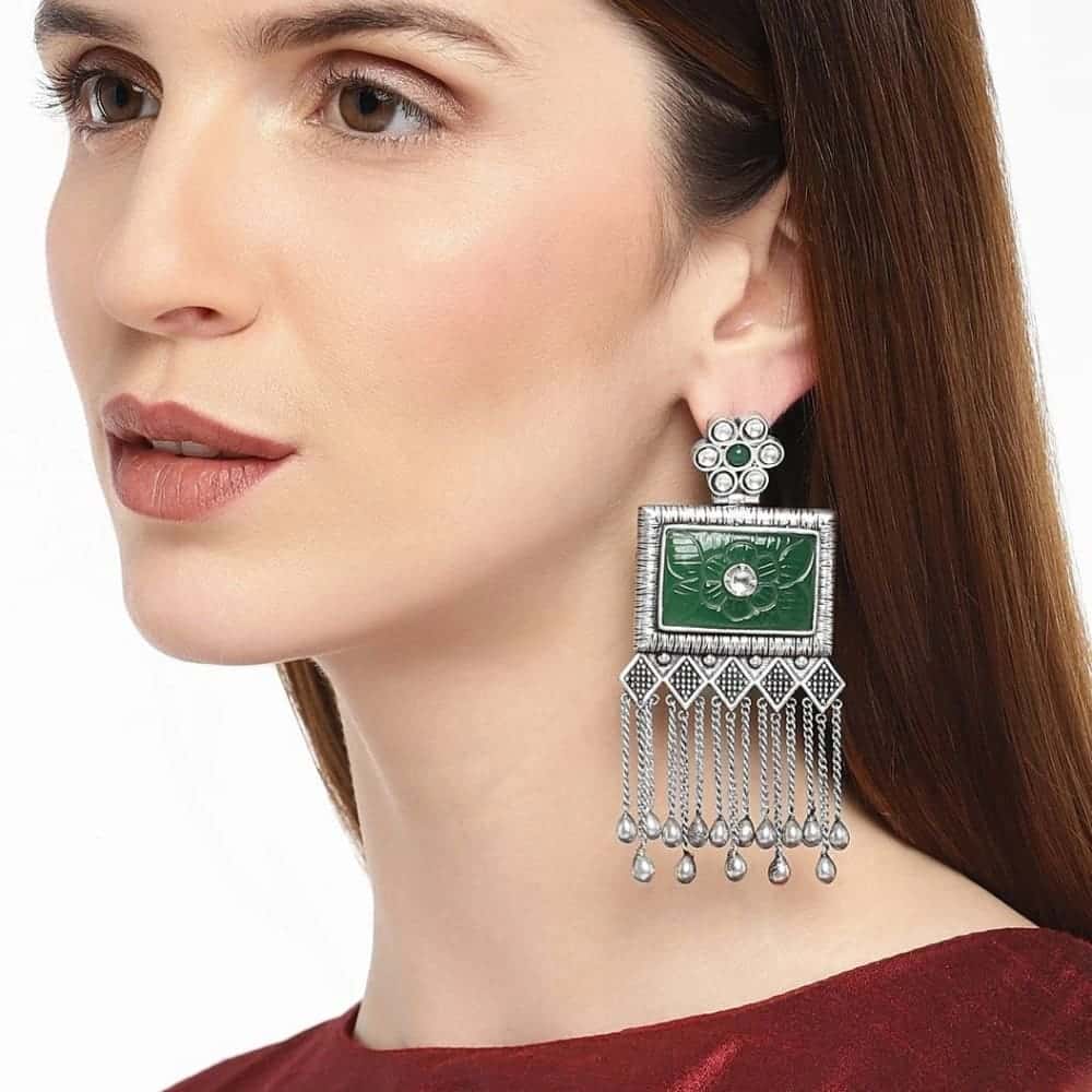 ER1118SP480SG -AccessHer German silver chain tassel earrings with Carved emrald stone and jadau kundan - access-her