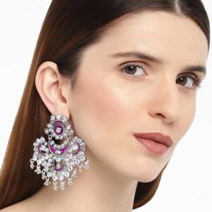 German Silver Statement Pink Enamel Chaandbali Earrings for Women and Girls