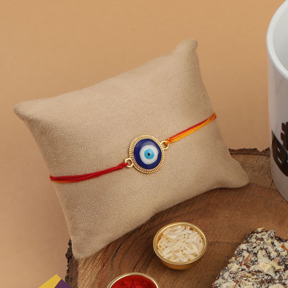Gift Set of 3 Evil Eye Rakhi with Mug & Greeting Card -