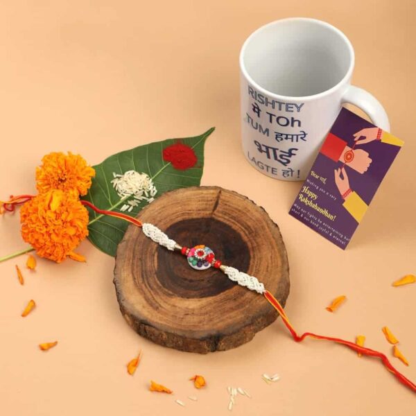 Gift Set of 3 Pearls Rakhi with Mug & Greeting Card - Rakhi