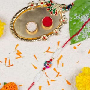Gift Set of 3 Pearls Rakhi with Peacock Thali & Greeting Card