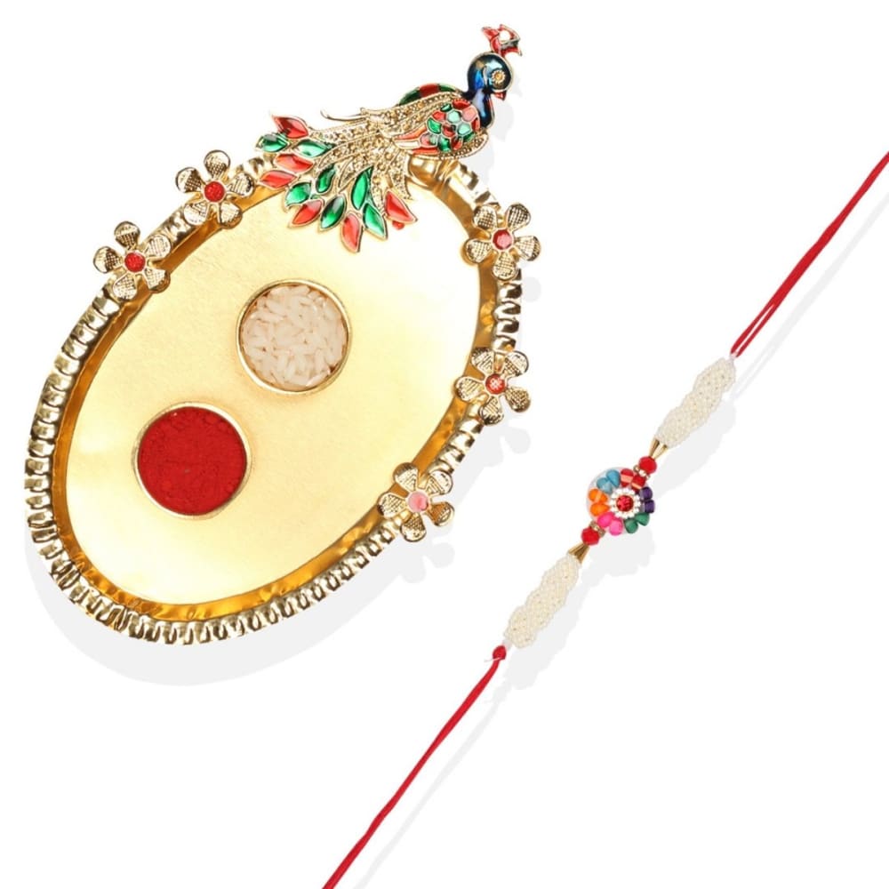 Gift Set of 3 Pearls Rakhi with Peacock Thali & Greeting